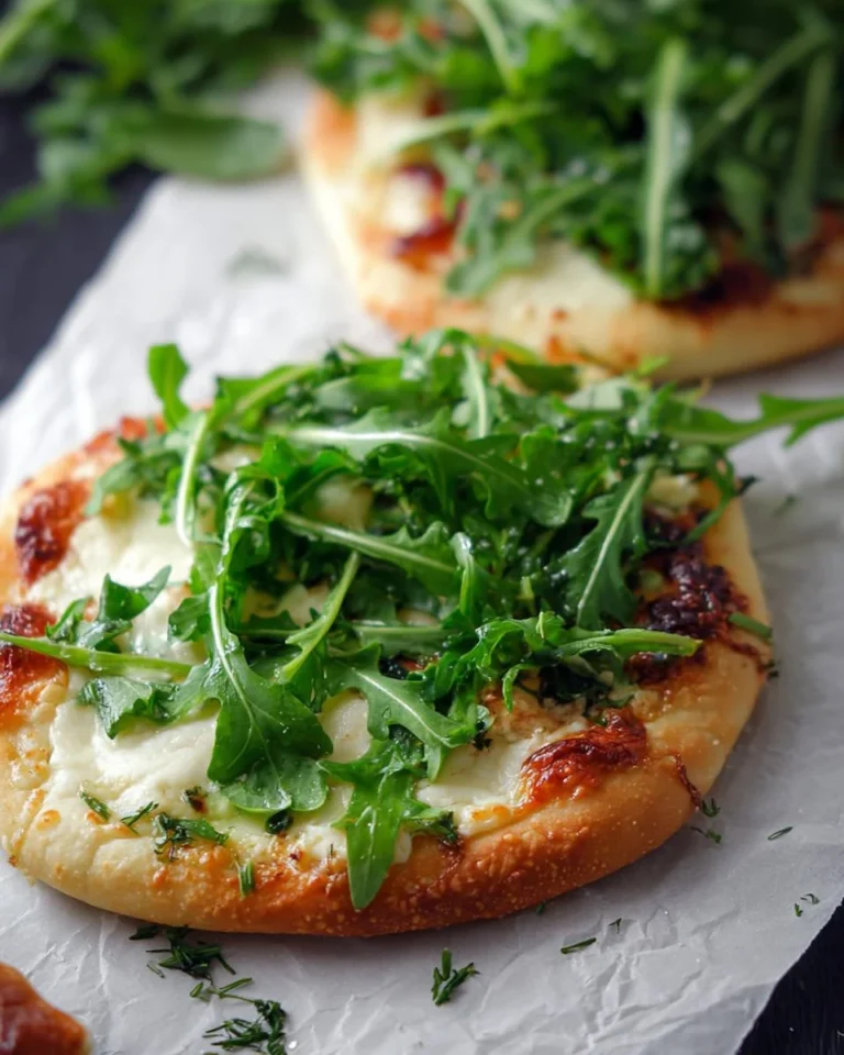 White pizza topped with fresh arugula and cheese