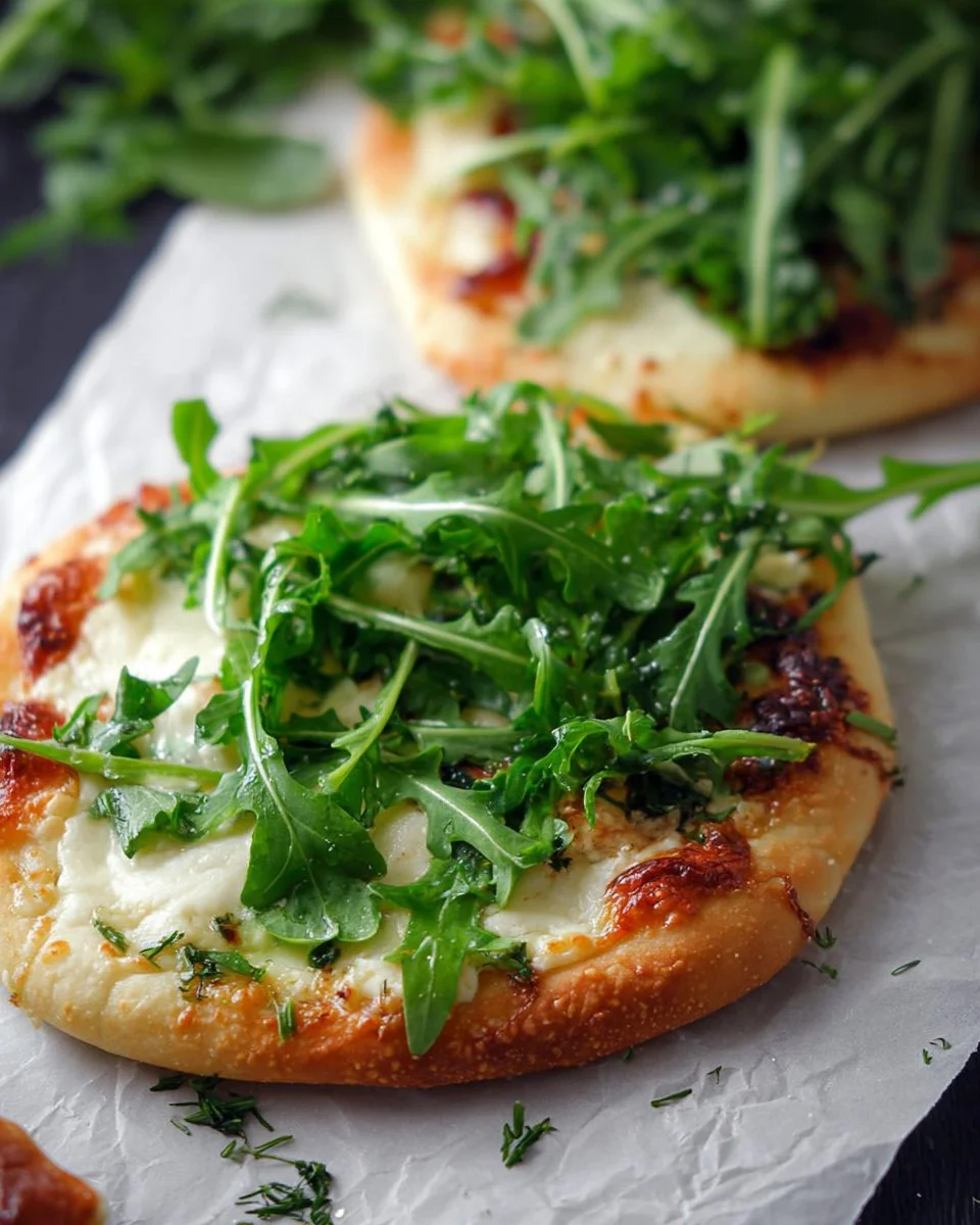 White pizza topped with fresh arugula and cheese