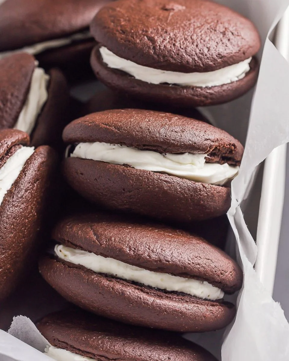 Delicious homemade whoopie pies on a plate with cream filling