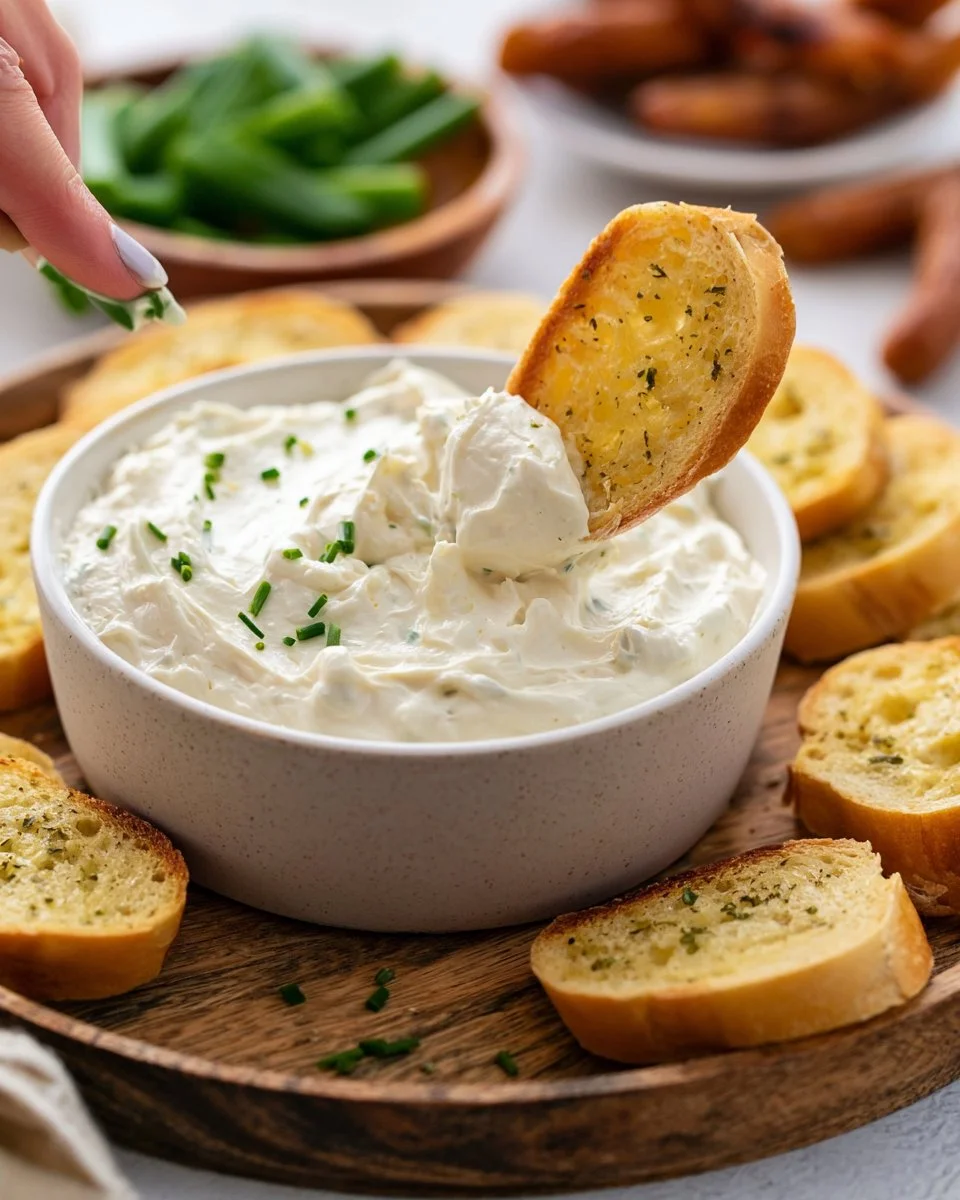 Delicious 3-ingredient Boursin dip in a bowl with crackers and vegetables