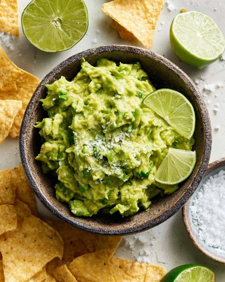 Delicious 3 ingredient guacamole served in a bowl with tortilla chips