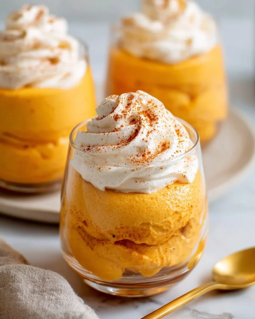 Delicious bowl of 3 Ingredient Pumpkin Fluff dessert with autumn decorations.