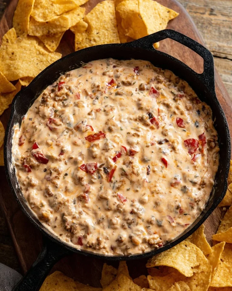 Three ingredient sausage dip in a bowl, perfect for parties
