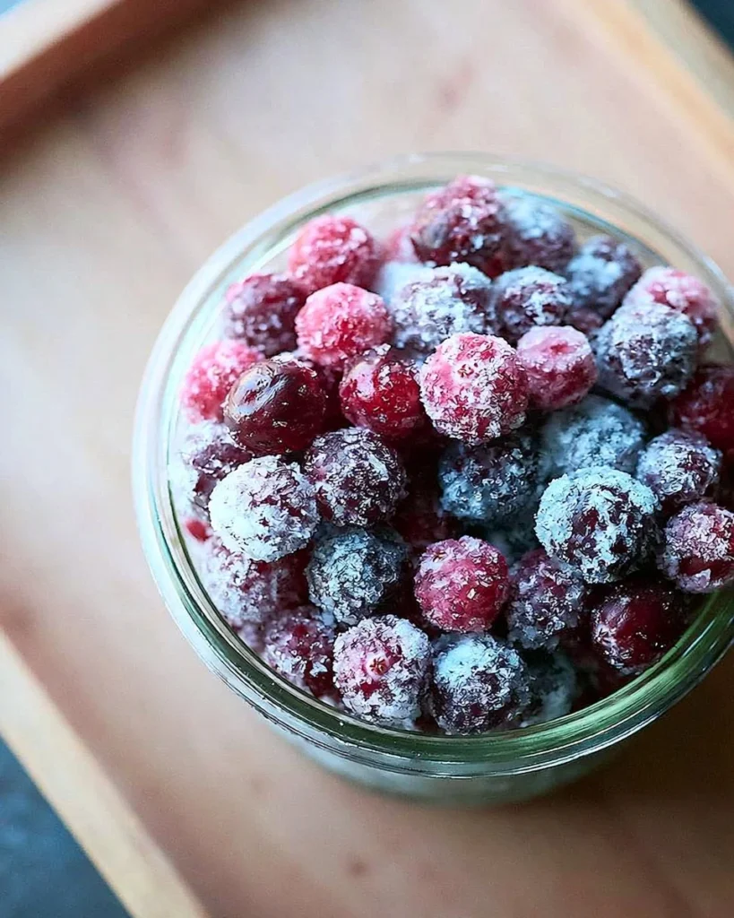 Bowl of 3-ingredient sugared cranberries garnished with mint leaves