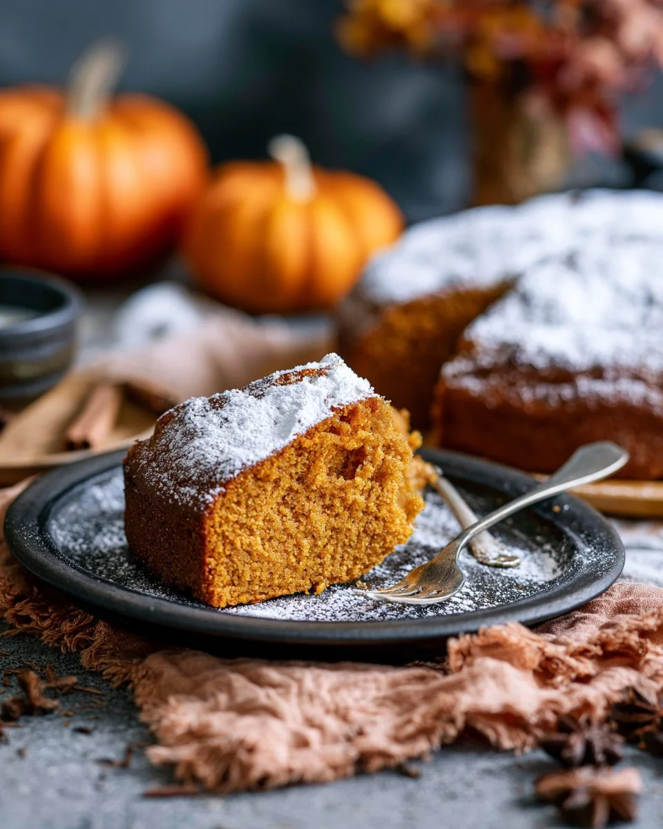 A slice of 5-ingredient pumpkin cake topped with cream and spices