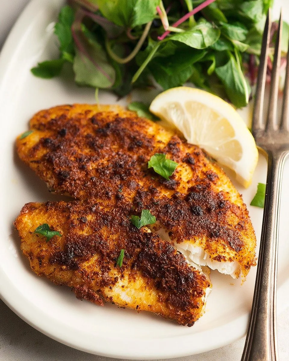 Crispy air fryer tilapia served on a plate with lemon and herbs