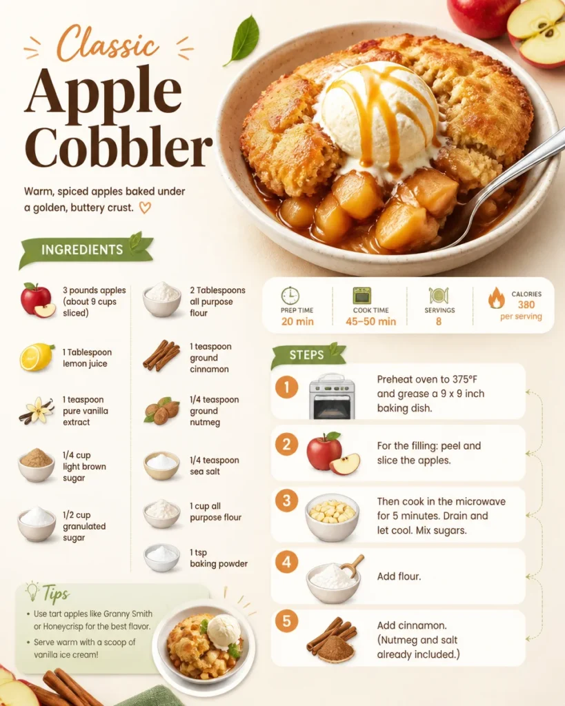 Homemade apple cobbler served in a dish with cinnamon and fresh apples