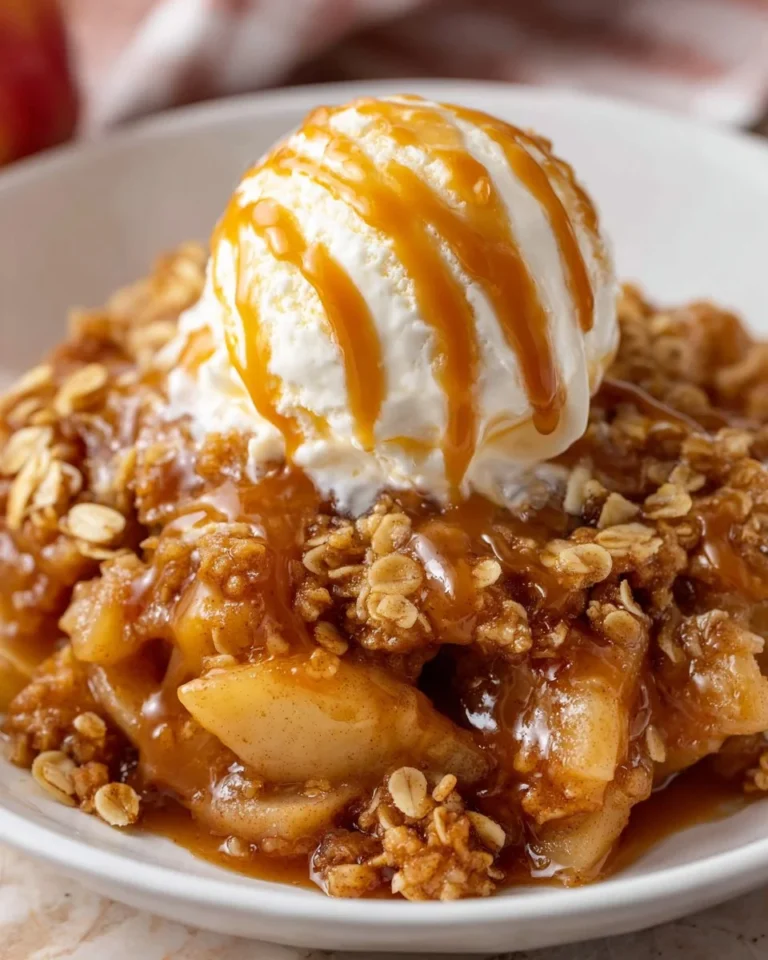 Delicious homemade apple crisp topped with oatmeal and cinnamon.