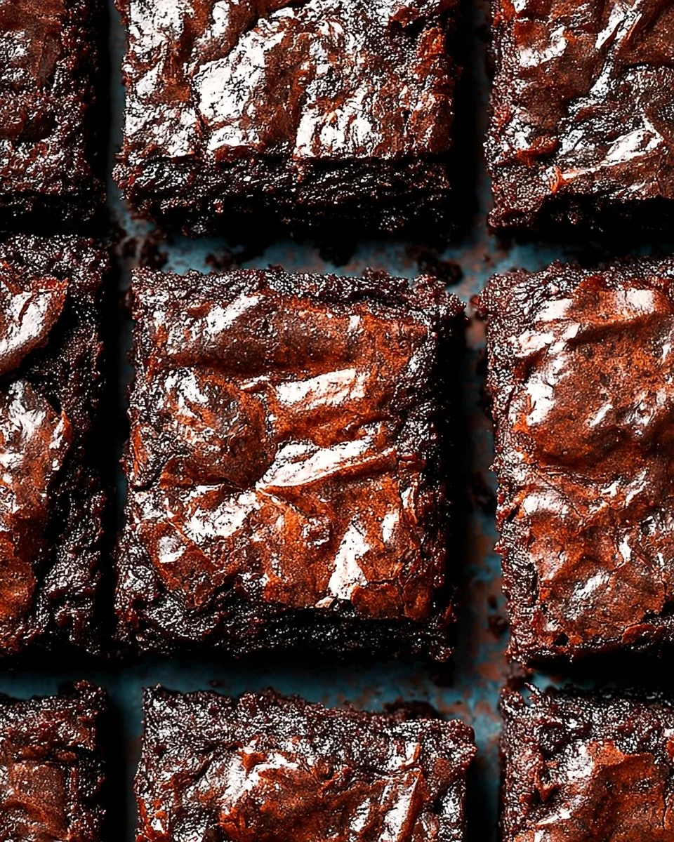 Best-ever fudgy homemade brownies with shiny tops on a plate