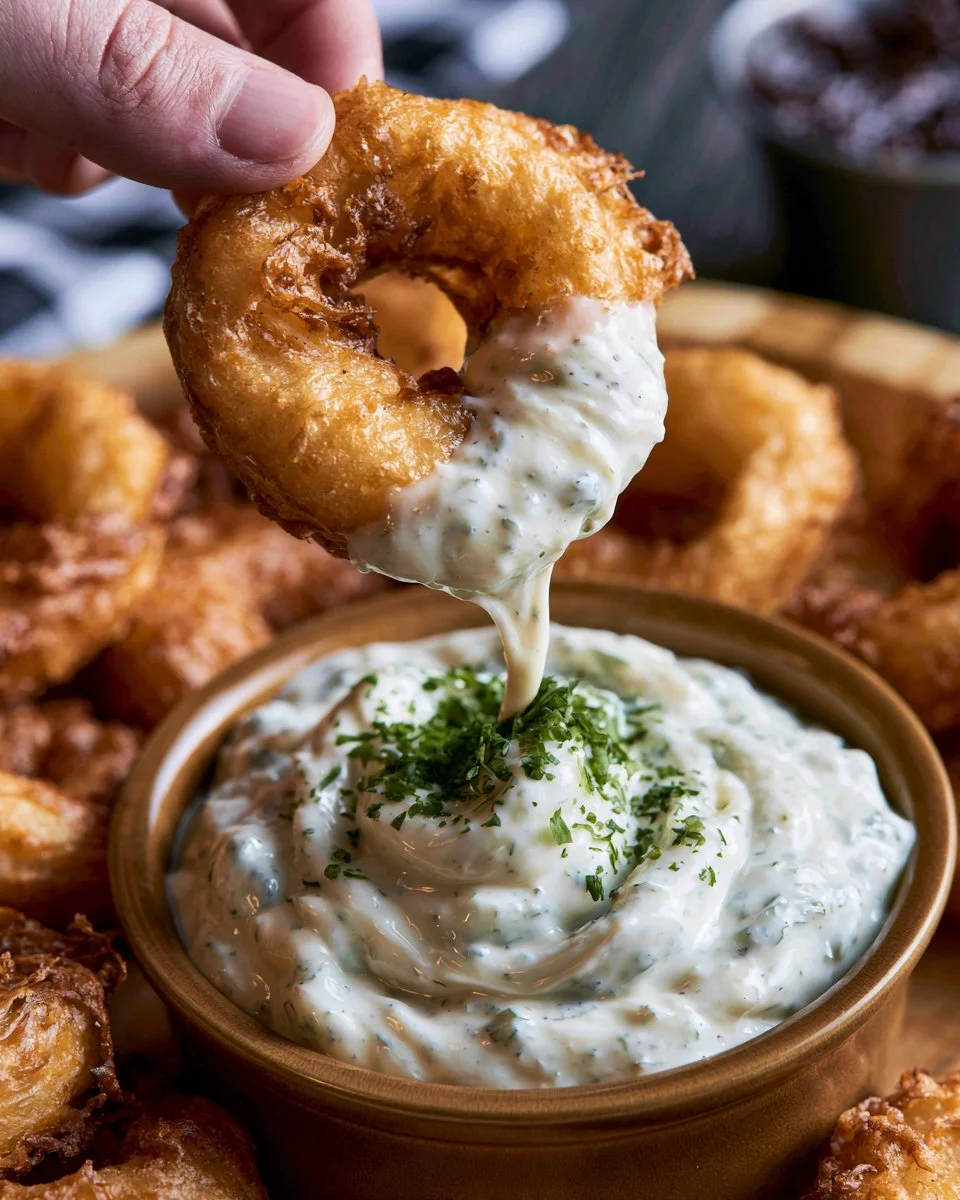 Homemade tartar sauce in a bowl with fresh herbs and lemon slices