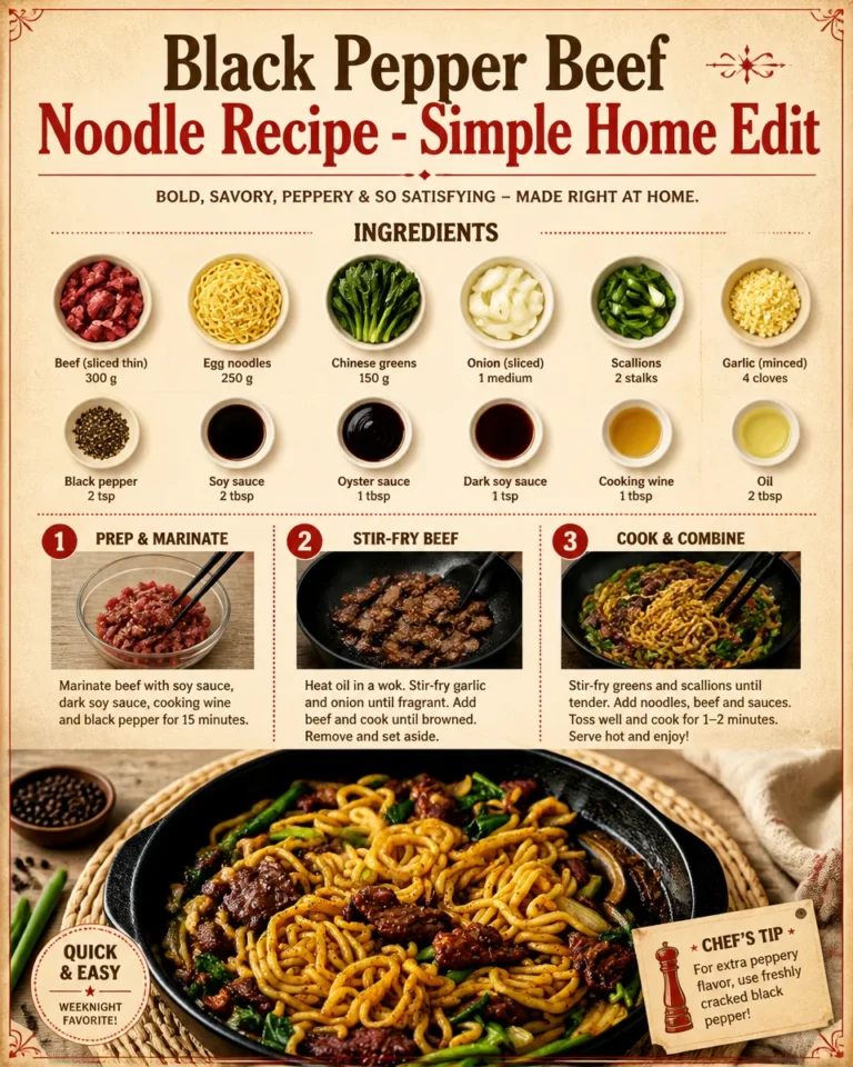 Delicious Black Pepper Beef noodle dish topped with fresh vegetables.