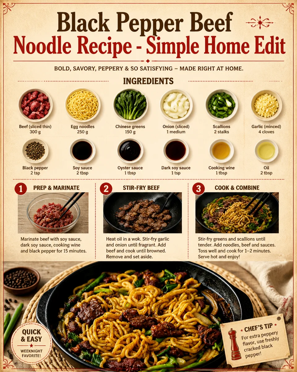 Delicious Black Pepper Beef noodle dish topped with fresh vegetables.