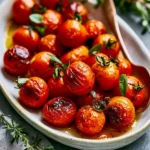 Close-up of blistered tomatoes on a plate, showcasing their charred skin and vibrant color.