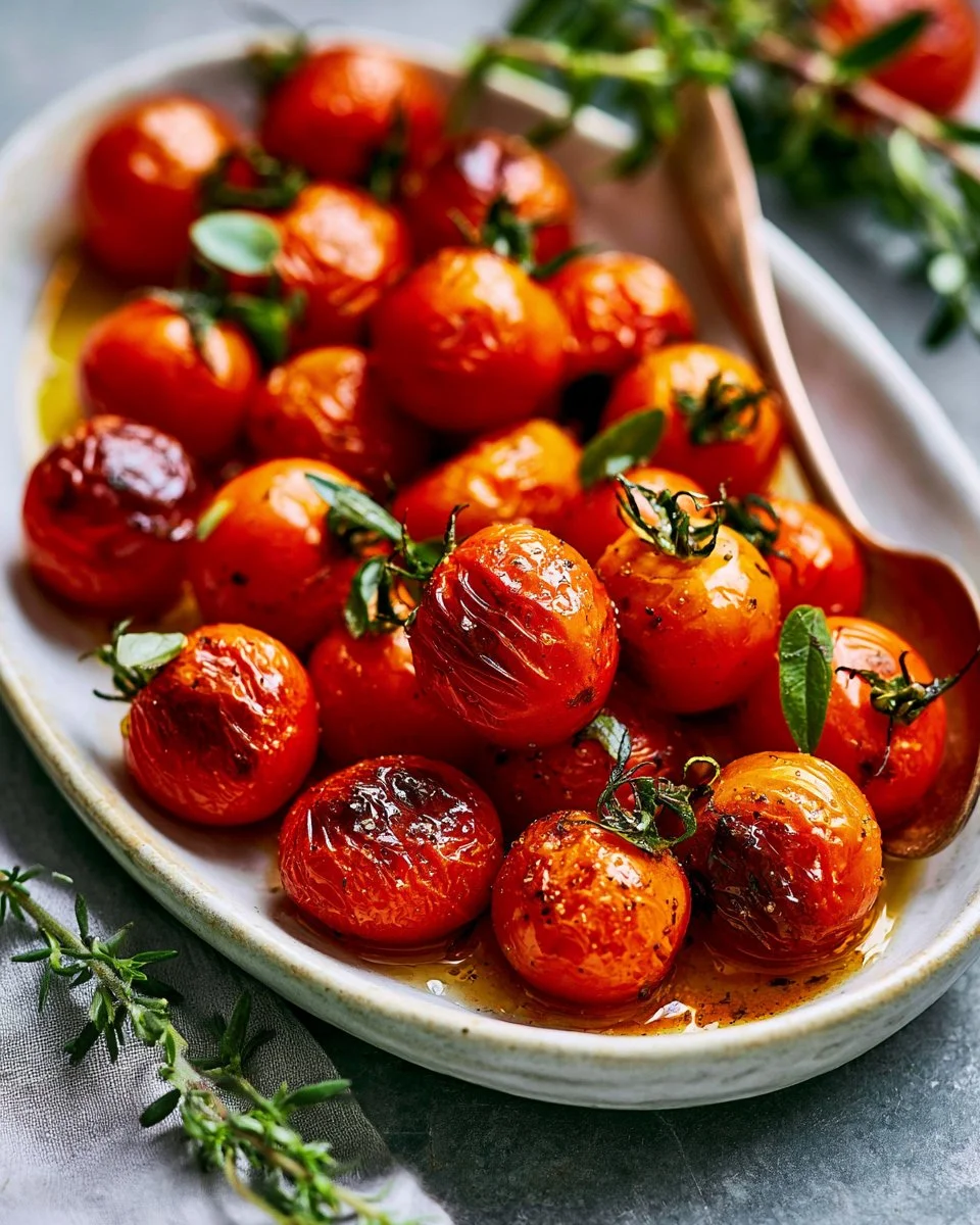 Close-up of blistered tomatoes on a plate, showcasing their charred skin and vibrant color.