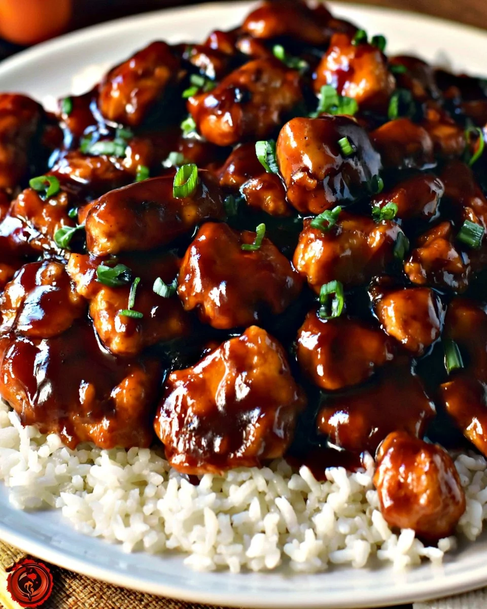 Delicious Bourbon Chicken served with a side of rice and vegetables.