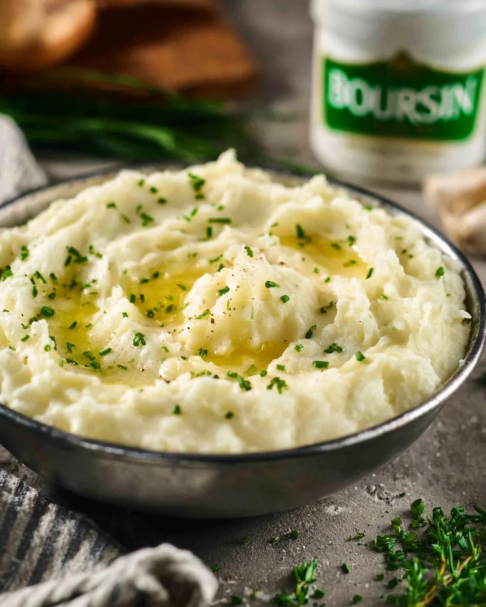 Boursin mashed potatoes served in a bowl, garnished with herbs.