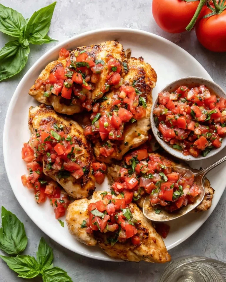Plate of Bruschetta Chicken garnished with fresh basil and tomatoes