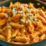 Creamy Buffalo Chicken Alfredo pasta dish topped with parsley and buffalo sauce.