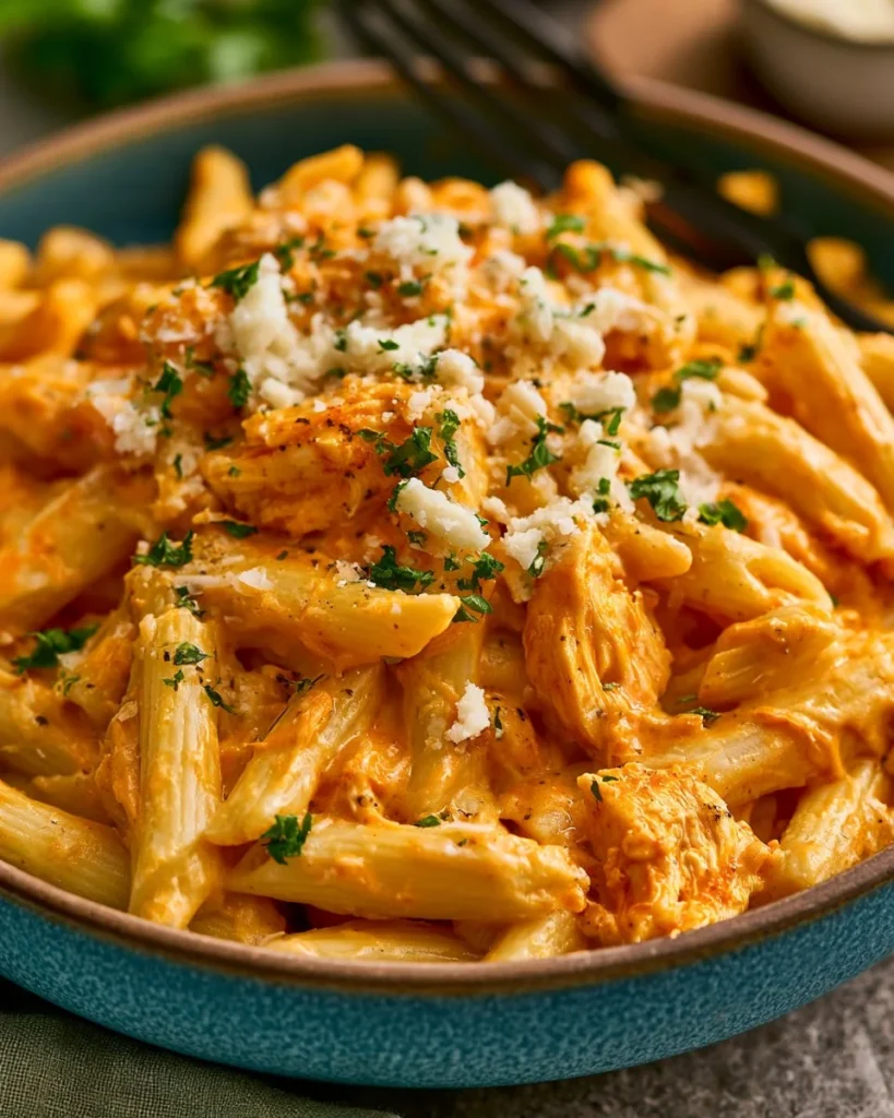Creamy Buffalo Chicken Alfredo pasta dish topped with parsley and buffalo sauce.