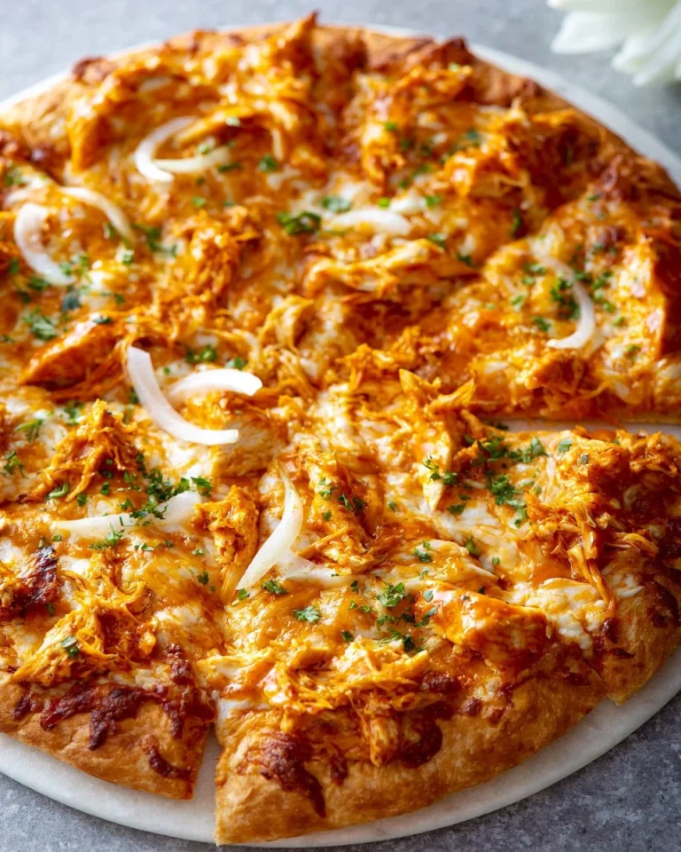 Delicious Buffalo Chicken Pizza topped with spicy sauce and cheese.
