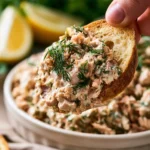Delicious canned salmon salad served in a bowl garnished with fresh herbs.