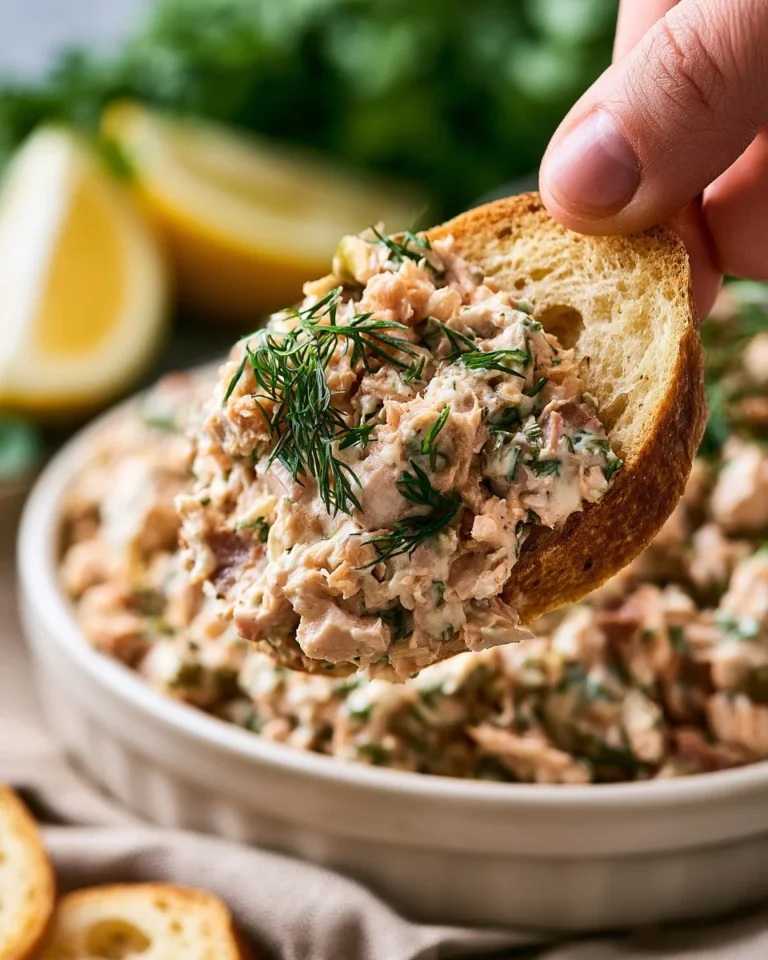 Delicious canned salmon salad served in a bowl garnished with fresh herbs.