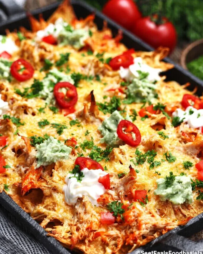 Plate of cheesy chicken nachos topped with cheese, chicken, and jalapeños.