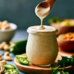 Cheesy jalapeño cashew dressing drizzled over a fresh salad