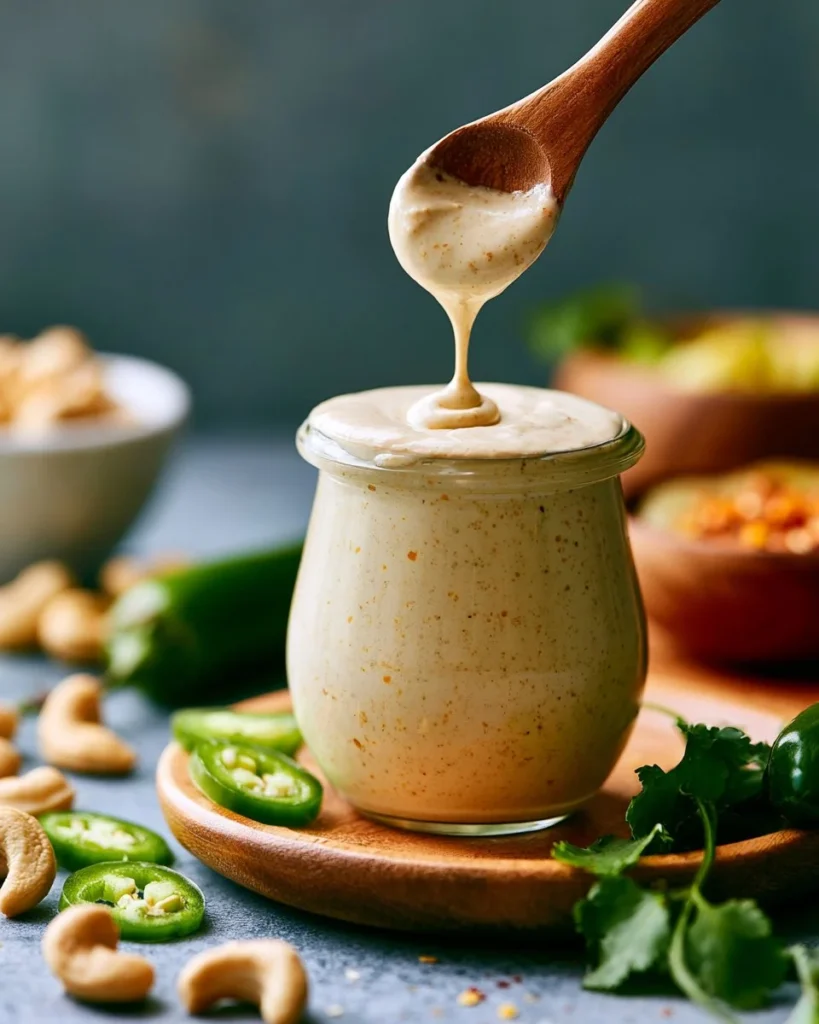 Cheesy jalapeño cashew dressing drizzled over a fresh salad