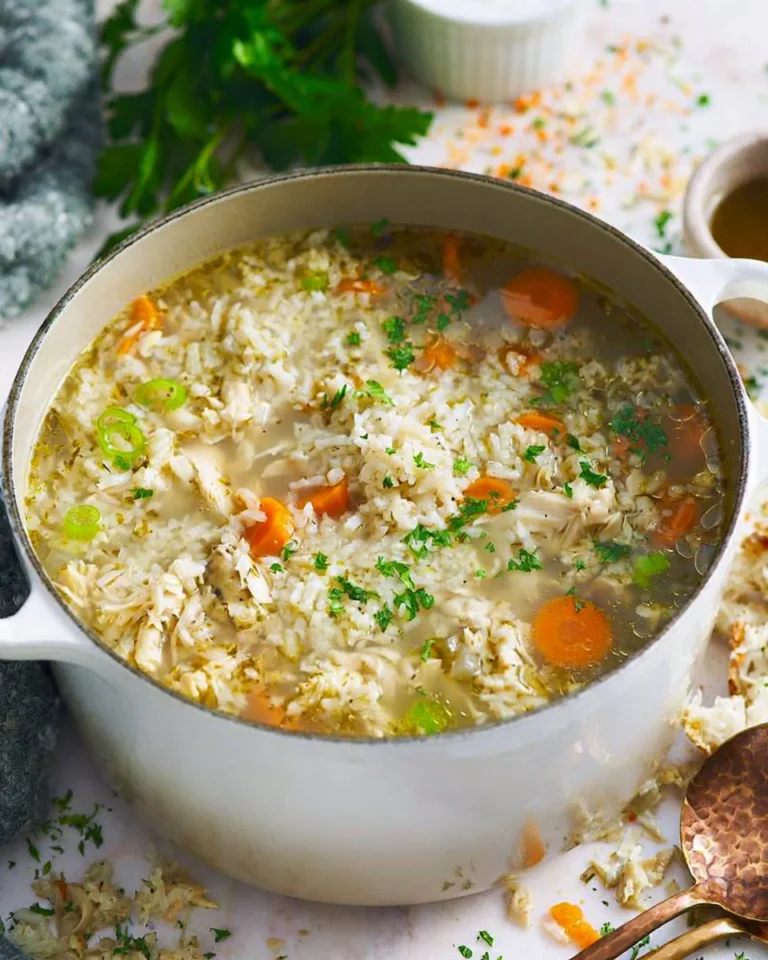 Bowl of hearty Chicken Rice Soup with tender chicken and rice