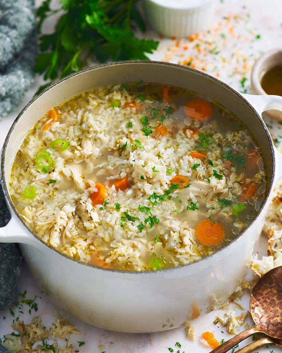 Bowl of hearty Chicken Rice Soup with tender chicken and rice
