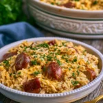 Delicious Chicken Bog Casserole served in a baking dish with herbs and spices.