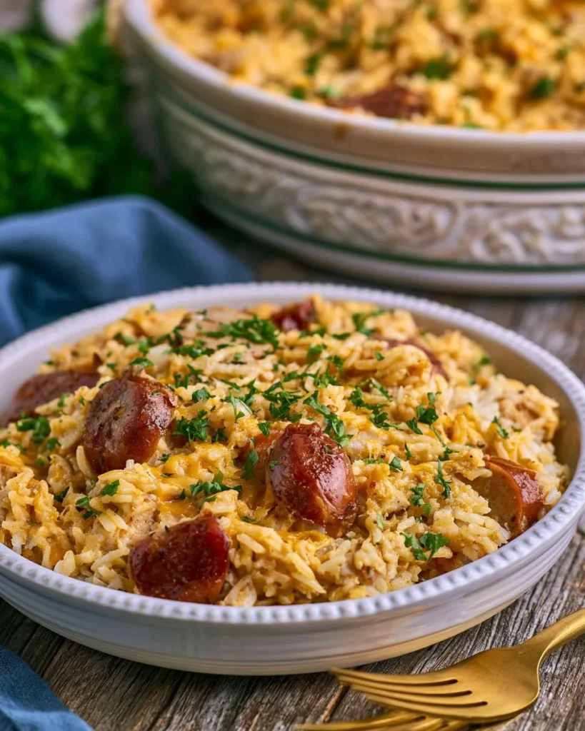 Delicious Chicken Bog Casserole served in a baking dish with herbs and spices.