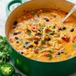 Bowl of delicious Chicken Enchilada Soup garnished with cheese and cilantro