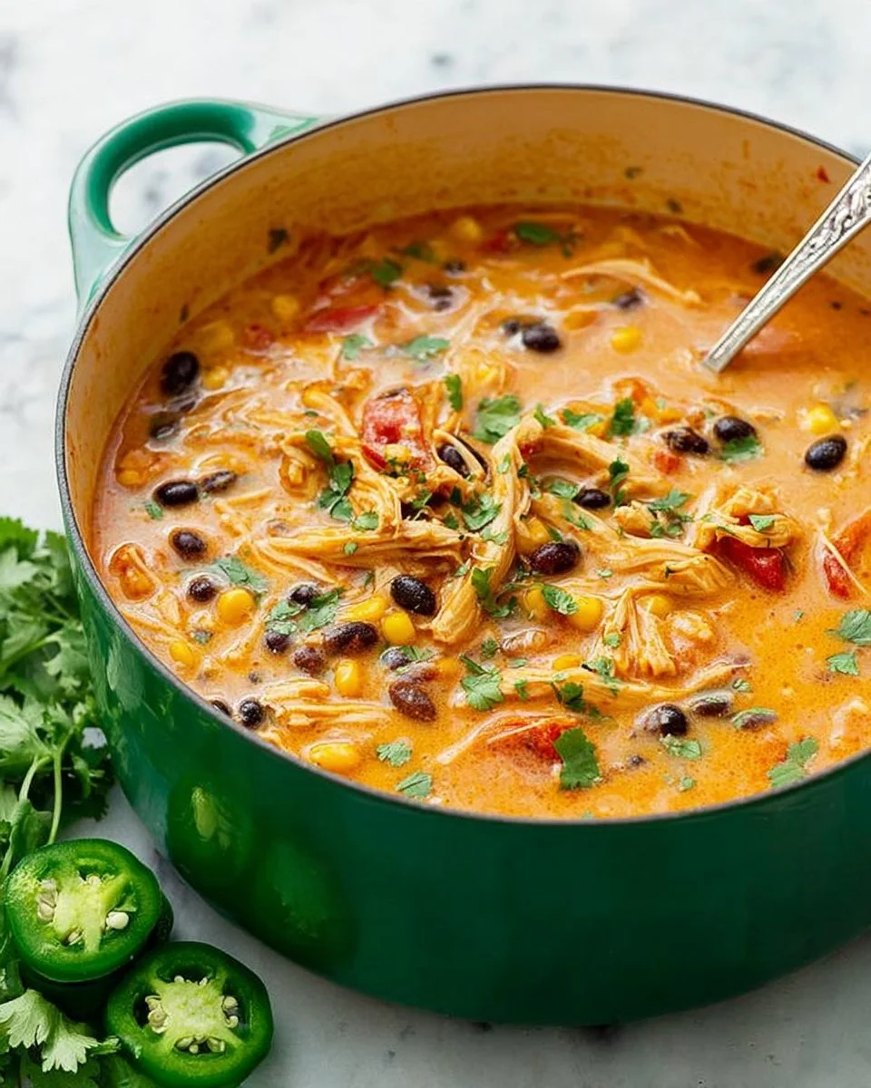 Bowl of delicious Chicken Enchilada Soup garnished with cheese and cilantro