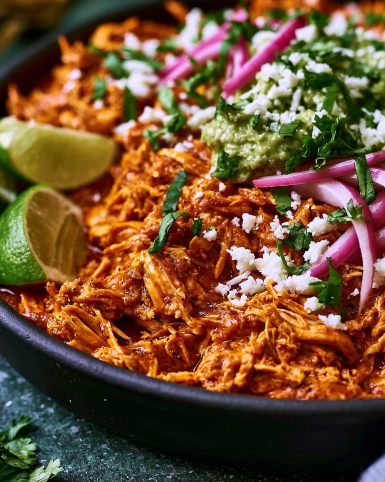Plate of Chicken Tinga garnished with avocado and cilantro