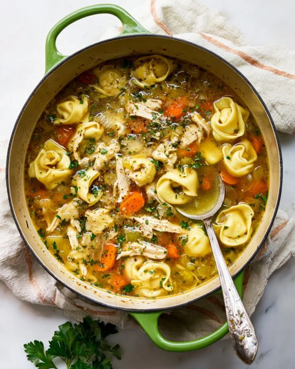 Bowl of Chicken Tortellini Soup garnished with herbs and vegetables