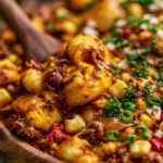 Delicious Chili Mac served in a bowl with cheese and herbs