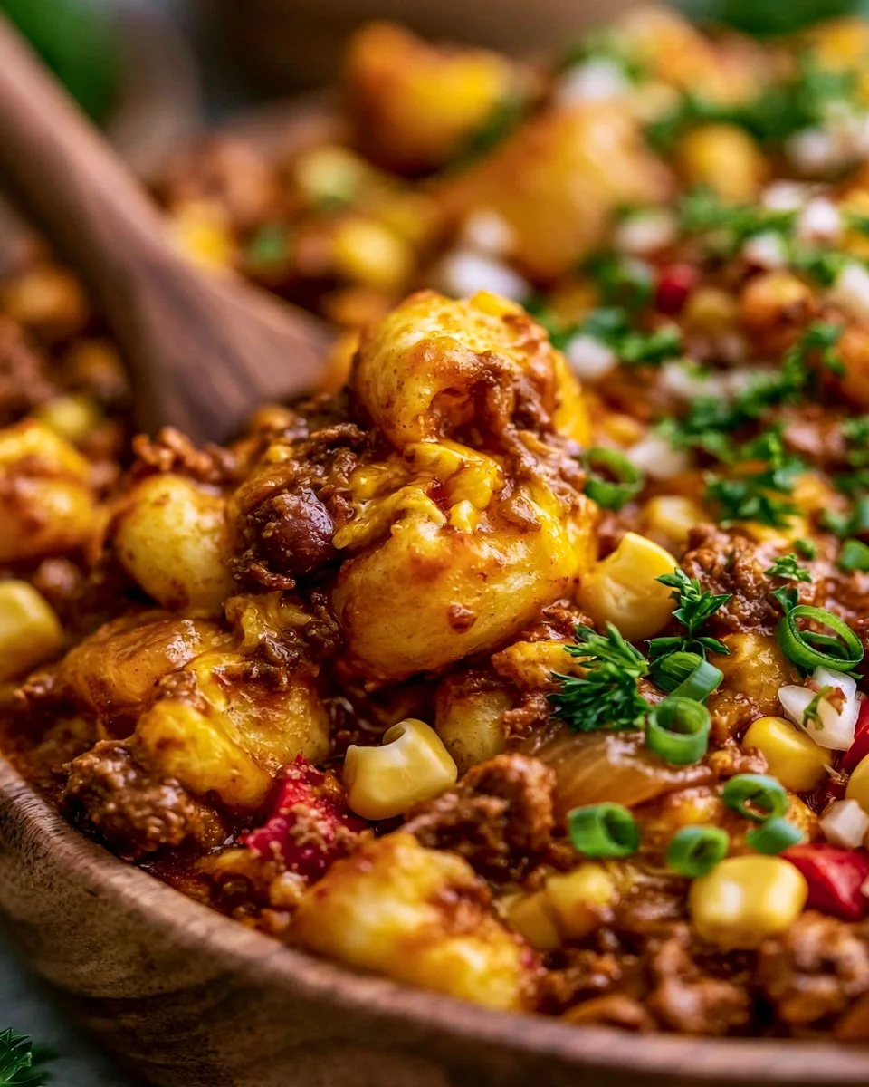 Delicious Chili Mac served in a bowl with cheese and herbs