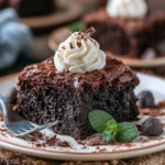 Delicious homemade chocolate cake topped with chocolate frosting