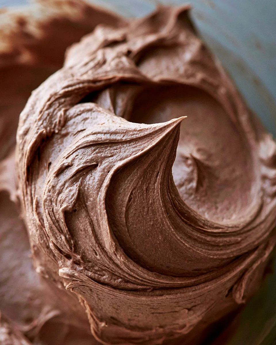 Delicious Chocolate Whipped Cream Cheese Frosting on a chocolate cake