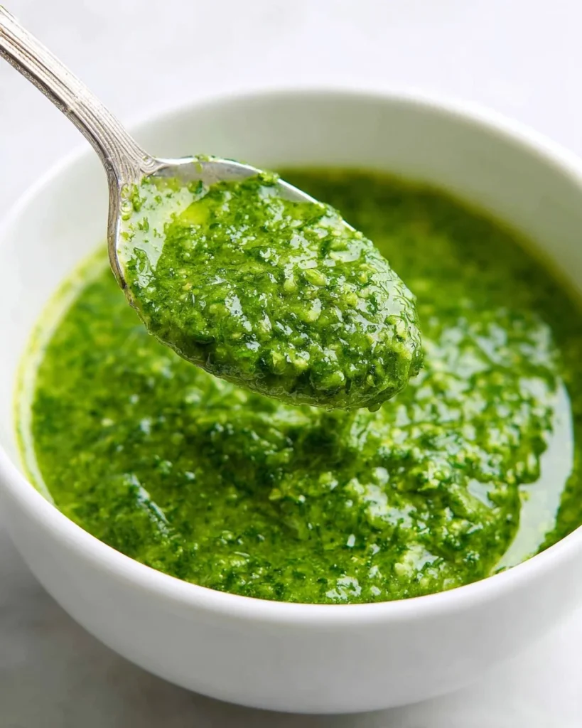 Fresh homemade cilantro sauce in a bowl with herbs and lime