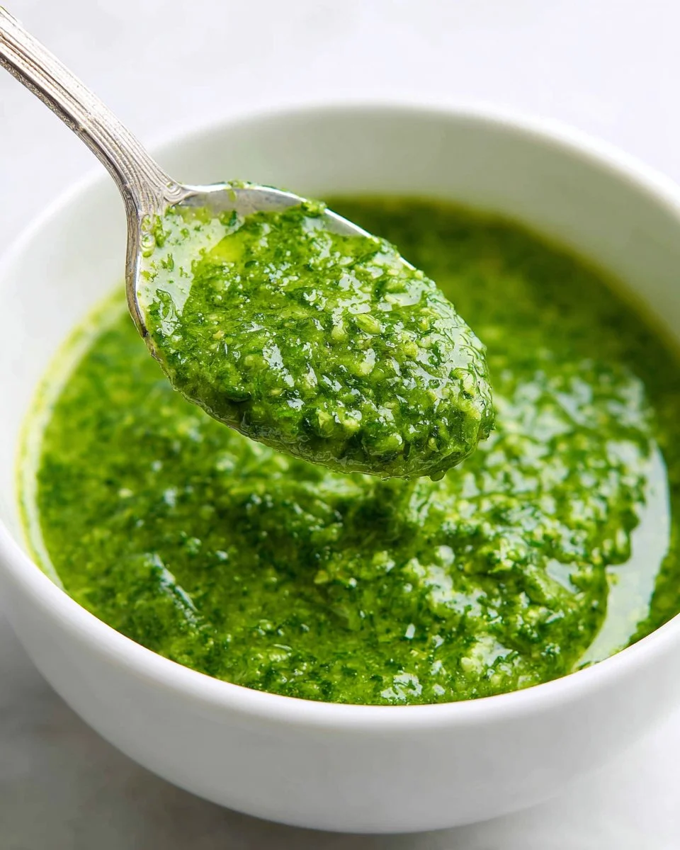 Fresh homemade cilantro sauce in a bowl with herbs and lime