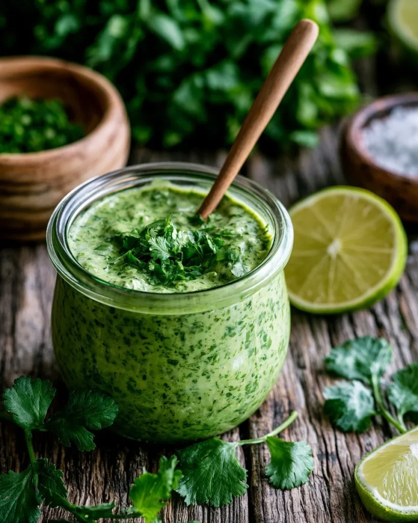 Fresh cilantro sauce served in a bowl with herbs and spices