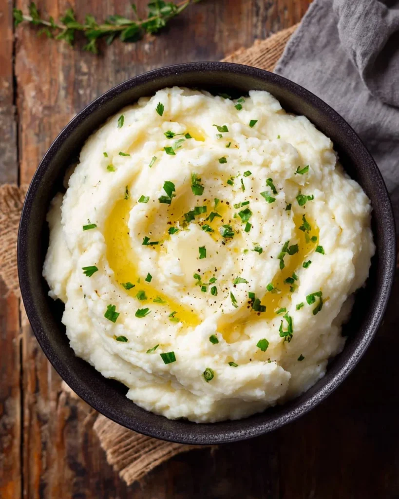 Creamy Cottage Cheese Mashed Potatoes served in a bowl, garnished with herbs.
