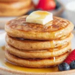 Fluffy cottage cheese pancakes served with syrup and fresh berries