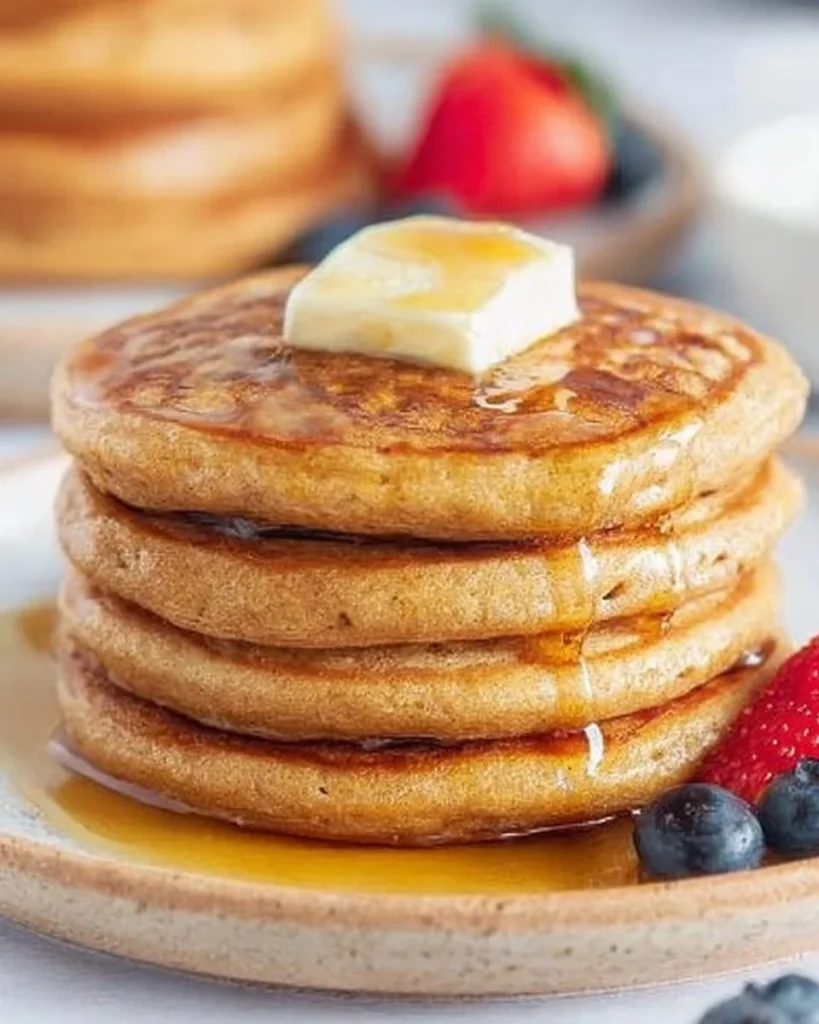 Fluffy cottage cheese pancakes served with syrup and fresh berries
