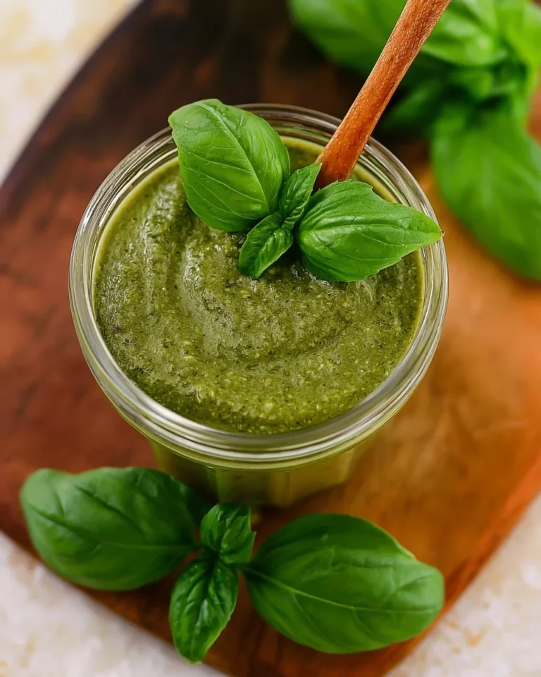 Creamy basil pesto sauce served with pasta and fresh basil leaves