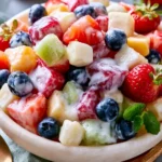 Delicious creamy fruit salad with a variety of fresh fruits in a bowl