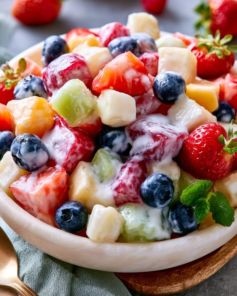 Delicious creamy fruit salad with a variety of fresh fruits in a bowl